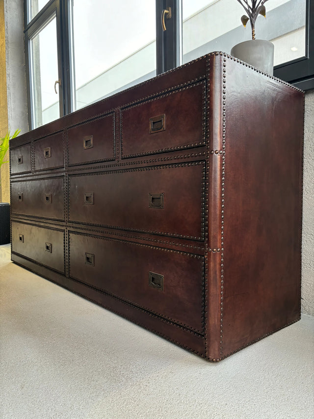 Ana leather upholstered and padded chest of drawers 180 W x 49 D x 82 H