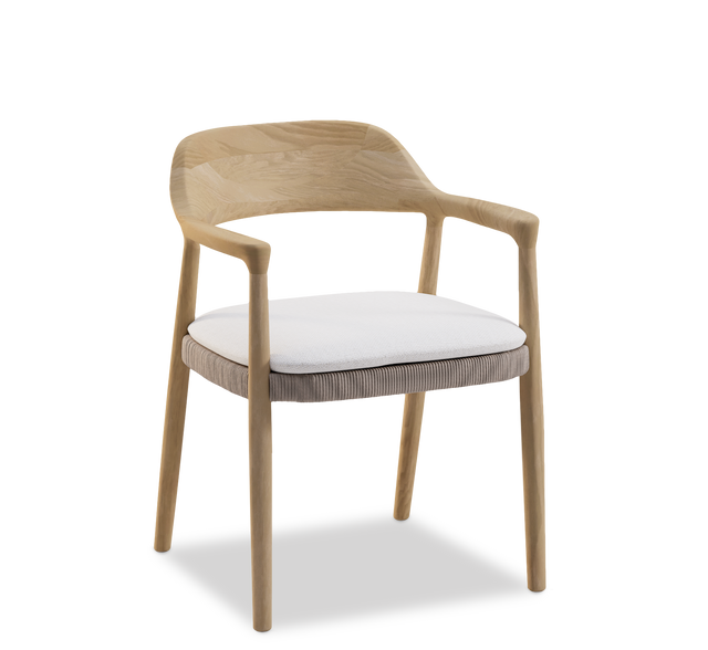 Scaun dining cu brațe Manutti Yico – teak natural și wicker împletit Twisted Chalk, vedere frontală